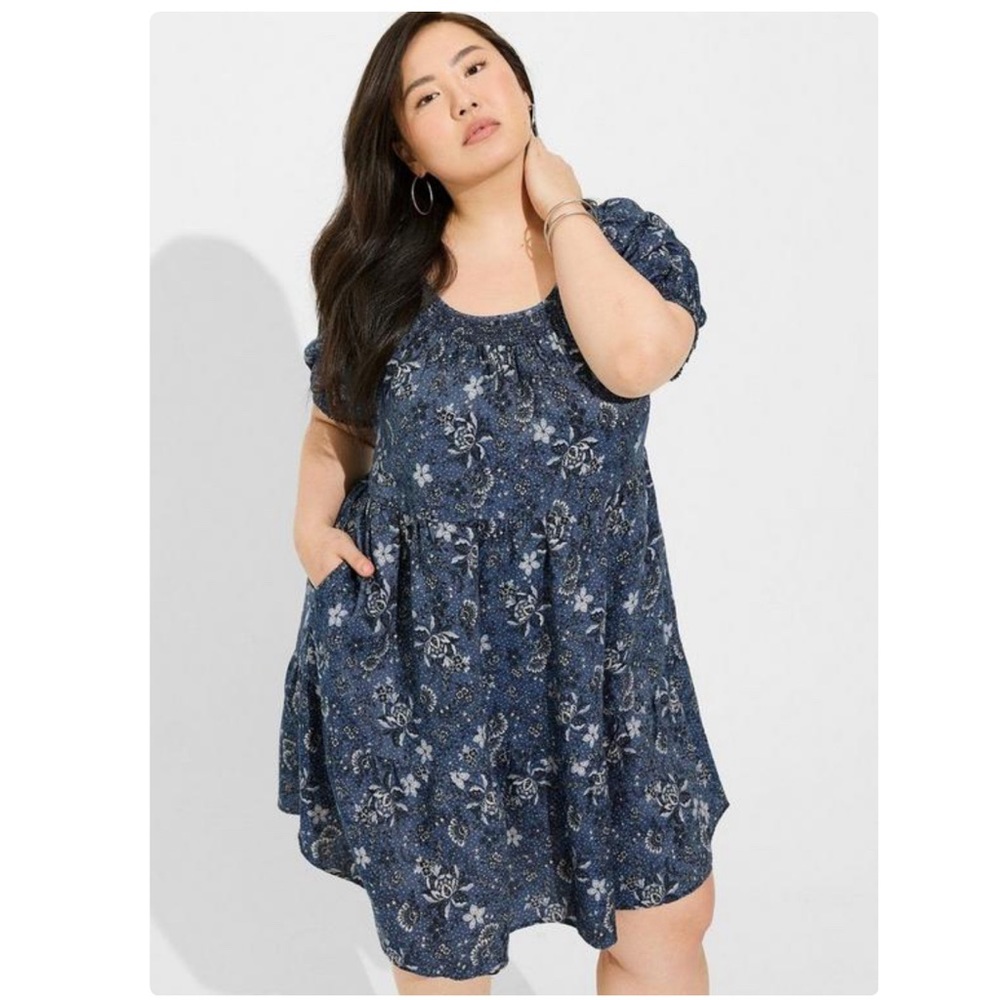 Torrid Chambray Puff Sleeve Smocked Dress - Picture 2 of 14